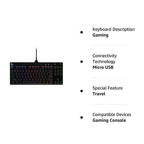 Clavier de jeu mécanique Logitech G PRO, conception sans clé ultra portable, câble Micro USB détachable, touches rétroéclairées RVB LIGHTSYNC 16,8 millions de couleurs (Renouvelé)