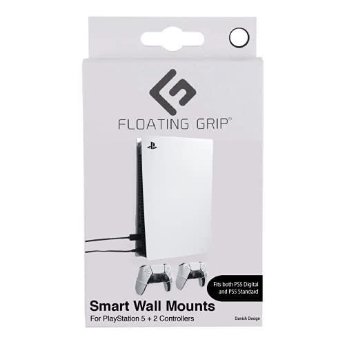 Solution de fixation murale pour Playstation 5 par FLOATING GRIP - Kit de montage élégant pour suspendre la console de jeu PS5 au mur (lot : convient à PS5 + 2X manettes, blanc)