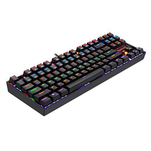 Redragon K552 Mechaniczna klawiatura do gier, z podświetleniem RGB, 87 klawiszy, bez klawiszy, kompaktowa konstrukcja stalowa z niebieskimi przełącznikami dla graczy Windows PC (czarna)