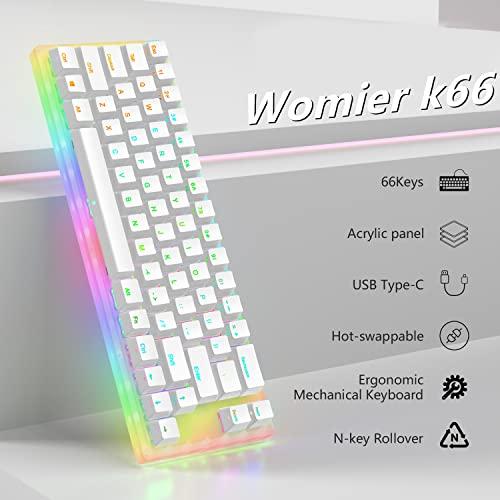 Womier K66 60% Mechanische Tastatur, Hot Swappable Tyce-C Wired RGB Backlit Gateron Switch 60% Mechanische Tastatur für PC PS4 Xbox (Blue Switch,White)