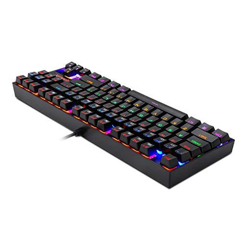 Redragon K552 Teclado mecánico para juegos, retroiluminación RGB Rainbow, 87 teclas, sin tenacillas, construcción compacta de acero con interruptores azules para jugadores de PC con Windows (negro)