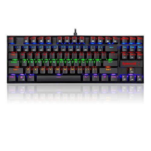 Redragon K552 Mechaniczna klawiatura do gier, z podświetleniem RGB, 87 klawiszy, bez klawiszy, kompaktowa konstrukcja stalowa z niebieskimi przełącznikami dla graczy Windows PC (czarna)