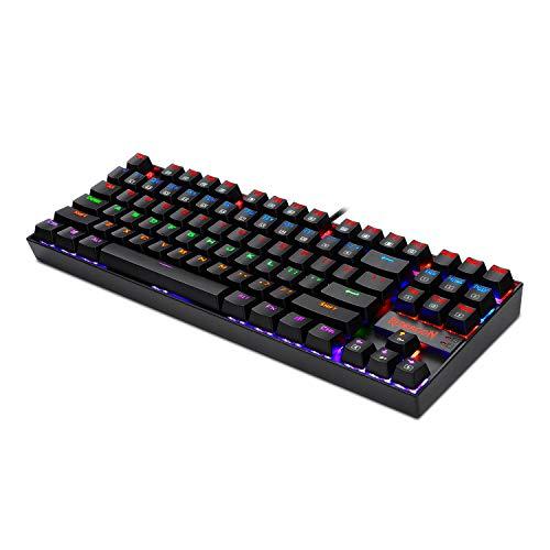 Redragon K552 Teclado mecánico para juegos, retroiluminación RGB Rainbow, 87 teclas, sin tenacillas, construcción compacta de acero con interruptores azules para jugadores de PC con Windows (negro)