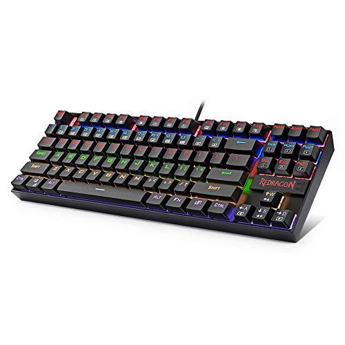 Redragon K552 Teclado mecánico para juegos, retroiluminación RGB Rainbow, 87 teclas, sin tenacillas, construcción compacta de acero con interruptores azules para jugadores de PC con Windows (negro)