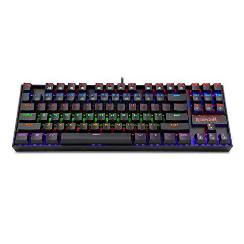 Redragon K552 Teclado mecánico para juegos, retroiluminación RGB Rainbow, 87 teclas, sin tenacillas, construcción compacta de acero con interruptores azules para jugadores de PC con Windows (negro)