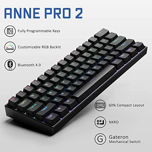 ANNE PRO 2, 60% Teclado mecánico con cable/inalámbrico (Interruptor marrón Gateron/Caja negra) - Teclas completas programables - Retroiluminación RGB real - Teclas de flecha de toque - Teclas de PBT de doble tiro - NKRO - Batería de 1900mAh