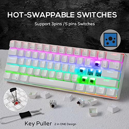 RK ROYAL KLUDGE RK61 Teclado Mecânico 60% com Cabo Coiled, 2.4Ghz/Bluetooth/Wired, Teclado sem fio Bluetooth Mini 61 teclas, Teclado de Jogo RGB Hot Swappable Red Switch com Software - Branco