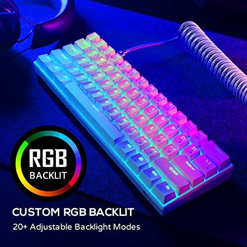 RK ROYAL KLUDGE RK61 Teclado Mecânico 60% com Cabo Coiled, 2.4Ghz/Bluetooth/Wired, Teclado sem fio Bluetooth Mini 61 teclas, Teclado de Jogo RGB Hot Swappable Red Switch com Software - Branco