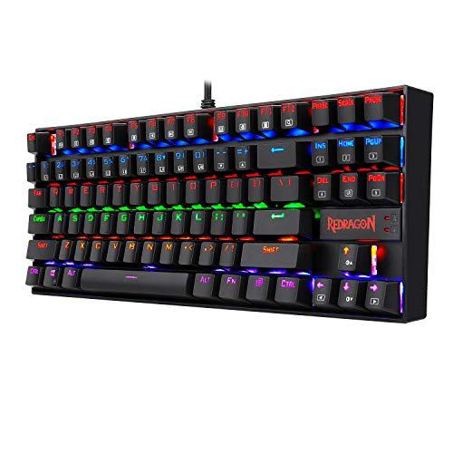 Redragon K552 Teclado mecánico para juegos, retroiluminación RGB Rainbow, 87 teclas, sin tenacillas, construcción compacta de acero con interruptores azules para jugadores de PC con Windows (negro)