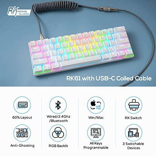 RK ROYAL KLUDGE RK61 Teclado Mecânico 60% com Cabo Coiled, 2.4Ghz/Bluetooth/Wired, Teclado sem fio Bluetooth Mini 61 teclas, Teclado de Jogo RGB Hot Swappable Red Switch com Software - Branco