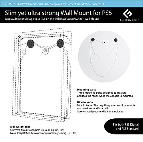 Solución de montaje de pared para Playstation 5 de FLOATING GRIP - Elegante kit de montaje para colgar la consola de juegos PS5 en la pared (paquete: para PS5 + 2X mandos, blanco)