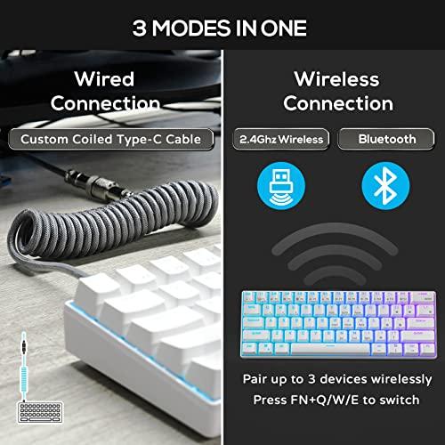 RK ROYAL KLUDGE RK61 60% Teclado mecánico con cable en espiral, 2,4 GHz/Bluetooth/Cable, miniteclado inalámbrico Bluetooth de 61 teclas, teclado para juegos con interruptor rojo intercambiable en caliente RGB y software - Blanco