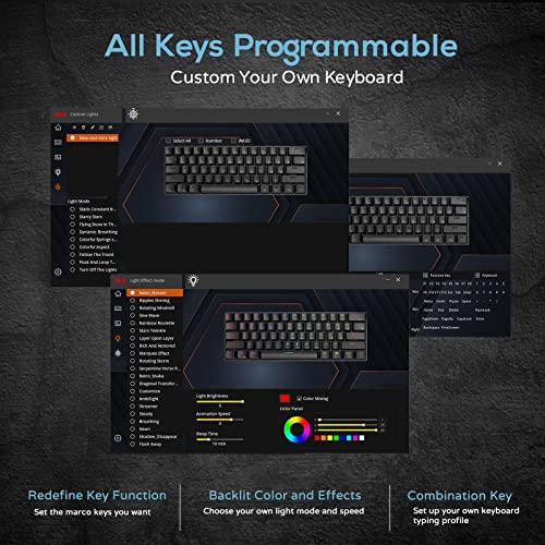 RK ROYAL KLUDGE RK61 Teclado Mecânico 60% com Cabo Coiled, 2.4Ghz/Bluetooth/Wired, Teclado sem fio Bluetooth Mini 61 teclas, Teclado de Jogo RGB Hot Swappable Red Switch com Software - Branco