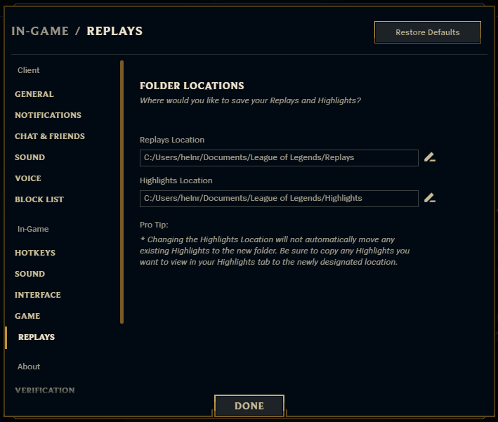 Ubicación de la carpeta de LoL para las repeticiones