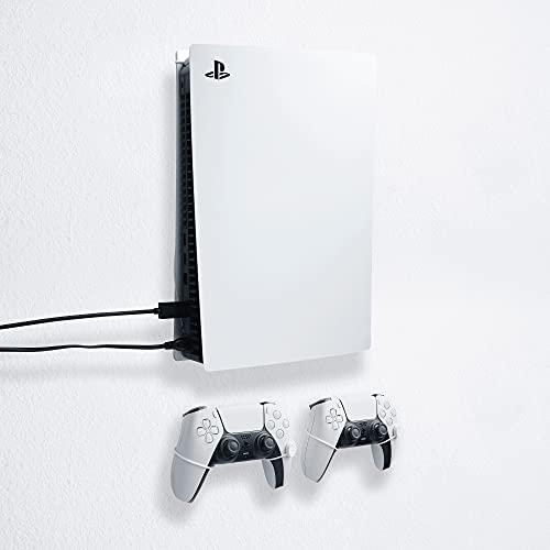 Solution de fixation murale pour Playstation 5 par FLOATING GRIP - Kit de montage élégant pour suspendre la console de jeu PS5 au mur (lot : convient à PS5 + 2X manettes, blanc)