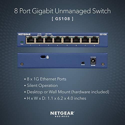 NETGEAR 8-Portas Gigabit Ethernet Unmanaged Switch (GS108) - Desktop ou Wall Mount, e Proteção Vitalícia Limitada