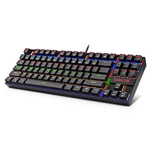 Redragon K552 Mechanische Gaming-Tastatur, RGB Rainbow Backlit, 87 Tasten, Tenkeyless, kompakte Stahlkonstruktion mit blauen Schaltern für Windows PC Gamer (Schwarz)