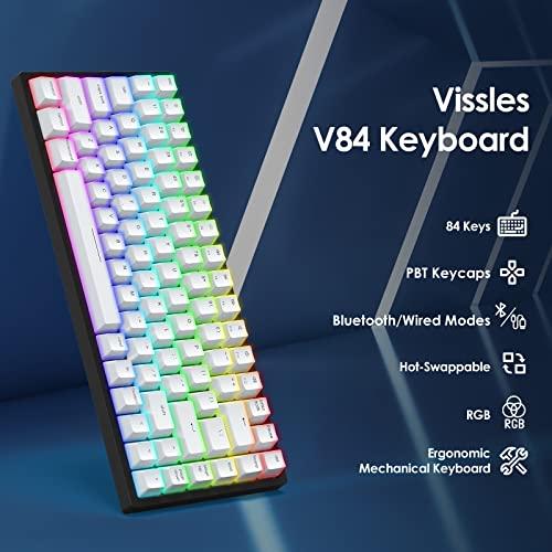 Vissles Wireless Bluetooth/USB Wired Mechanical Gaming Keyboard com chave de pulso Hot Swappable Compacto 84 teclas Sem Teclas RGB Backlit dinâmico para Mac Windows, PBT Keycaps & Switch Linear V2