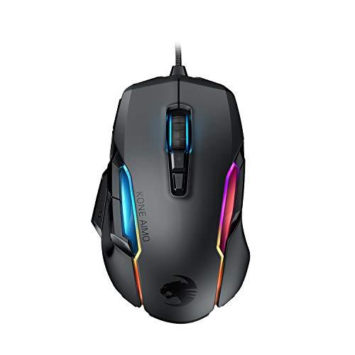 Ratón ROCCAT Kone AIMO PC Gaming, óptico, retroiluminación RGB, 23 teclas programables, memoria integrada, empuñadura de palma, sensor de ojo de búho, ergonómico, iluminación LED, ajustable de 100 a 16.000 PPP, negro