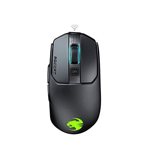 ROCCAT Kain 200 kabellose PC-Gaming-Maus, AIMO RGB-Hintergrundbeleuchtung, optischer Owl-Eye-Sensor, ergonomisches Mausgefühl, 5 seitliche Tasten, einstellbar bis zu 16.000 DPI, bis zu 50 Stunden Akkulaufzeit, schwarz