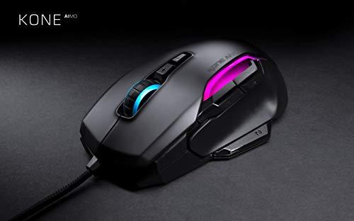 Mouse da gioco per PC ROCCAT Kone AIMO, ottico, illuminazione retroilluminata RGB, 23 tasti programmabili, memoria integrata, impugnatura a palmo, sensore occhio di gufo, ergonomico, illuminazione a LED, regolabile da 100 a 16.000 DPI, nero