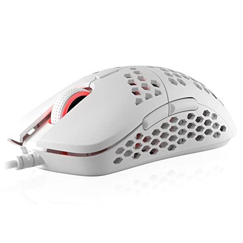 HK Gaming Mira M Ultra Lightweight RGB Gaming Mouse | Honeycomb Shell | 63 Grams | max 12000 cpi | USB Wired | 6 programmierbare Tasten | On-Board Memory | Anti Slip Grips | Mira-M White