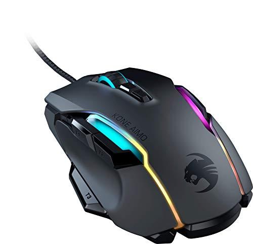 Ratón ROCCAT Kone AIMO PC Gaming, óptico, retroiluminación RGB, 23 teclas programables, memoria integrada, empuñadura de palma, sensor de ojo de búho, ergonómico, iluminación LED, ajustable de 100 a 16.000 PPP, negro