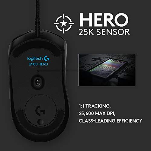 Logitech G403 Hero 25K Gaming Mouse, Lightsync RGB, légère 87G+10G en option, câble tressé, 25, 600 DPI, poignées latérales en caoutchouc