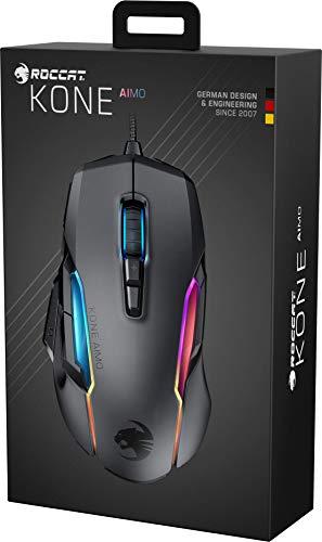 Ratón ROCCAT Kone AIMO PC Gaming, óptico, retroiluminación RGB, 23 teclas programables, memoria integrada, empuñadura de palma, sensor de ojo de búho, ergonómico, iluminación LED, ajustable de 100 a 16.000 PPP, negro