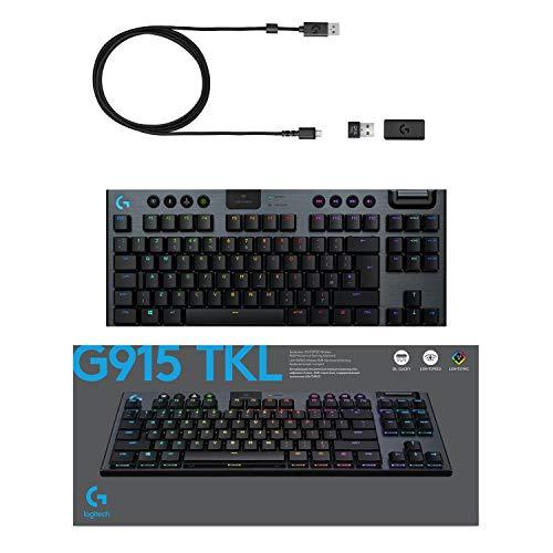 Logitech G915 TKL Tenkeyless Lightspeed Wireless RGB Mechanical Gaming Keyboard, opciones de interruptor de bajo perfil, LIGHTSYNC RGB, soporte inalámbrico avanzado y Bluetooth - Clicky, negro