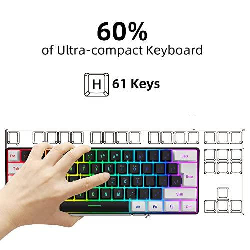 SNPURDIRI 60% Tastiera da gioco cablata, tastiera a membrana retroilluminata RGB ma con sensazione meccanica, mini tastiera impermeabile ultracompatta per PC Computer Gamer bianca e nera
