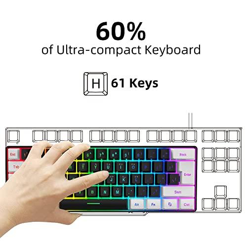 SNPURDIRI Teclado para juegos con cable al 60%, teclado de membrana con retroiluminación RGB pero con sensación mecánica, mini teclado ultracompacto y resistente al agua para PC Gamer Blanco y Negro