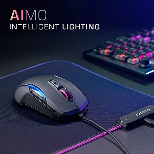 Mouse da gioco per PC ROCCAT Kone AIMO, ottico, illuminazione retroilluminata RGB, 23 tasti programmabili, memoria integrata, impugnatura a palmo, sensore occhio di gufo, ergonomico, illuminazione a LED, regolabile da 100 a 16.000 DPI, nero