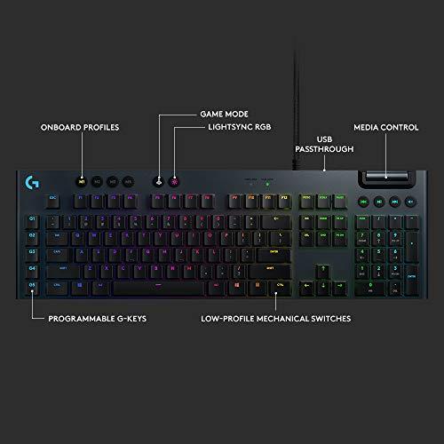 Logitech G815 LIGHTSYNC RGB Teclado mecánico para juegos con interruptor de teclas táctiles GL de perfil bajo, 5 teclas G programables, USB Passthrough, control multimedia dedicado - Lineal, Negro