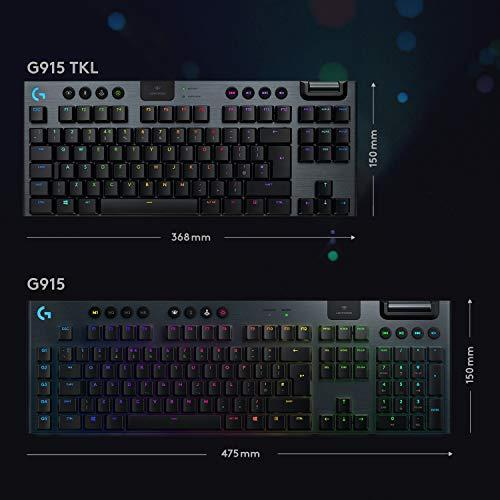 Logitech G915 TKL Tenkeyless Lightspeed Wireless RGB Mechanical Gaming Keyboard, opciones de interruptor de bajo perfil, LIGHTSYNC RGB, soporte inalámbrico avanzado y Bluetooth - Clicky, negro