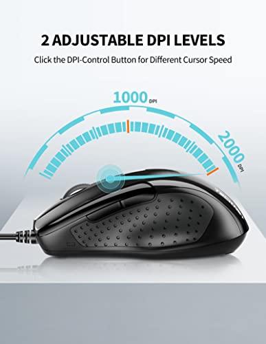TECKNET 6-Tasten-USB-Maus mit seitlichen Tasten, optische Computermaus mit 1000/2000DPI, ergonomisches Design, 5ft Kabel, unterstützt Laptop Chromebook PC Desktop Mac Notebook-Schwarz