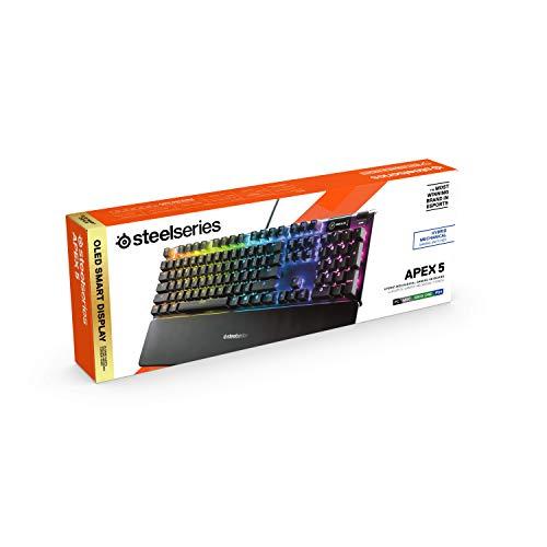 SteelSeries Apex 5 Hybrid Mechanical Gaming Keyboard - podświetlenie RGB dla poszczególnych klawiszy - ramka ze stopu aluminium lotniczego - wyświetlacz OLED Smart Display (Hybrid Blue Switch)