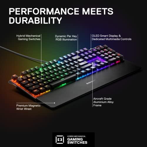 SteelSeries Apex 5 Hybrid Mechanical Gaming Keyboard - podświetlenie RGB dla poszczególnych klawiszy - ramka ze stopu aluminium lotniczego - wyświetlacz OLED Smart Display (Hybrid Blue Switch)