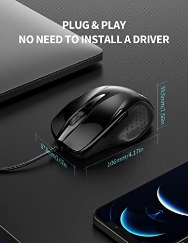 TECKNET 6-Button USB Wired Mouse with Side Buttons, Optical Computer Mouse with 1000/2000DPI, Ergonomic Design, 5ft Cord, Support Laptop Chromebook PC Desktop Mac Notebook-Black