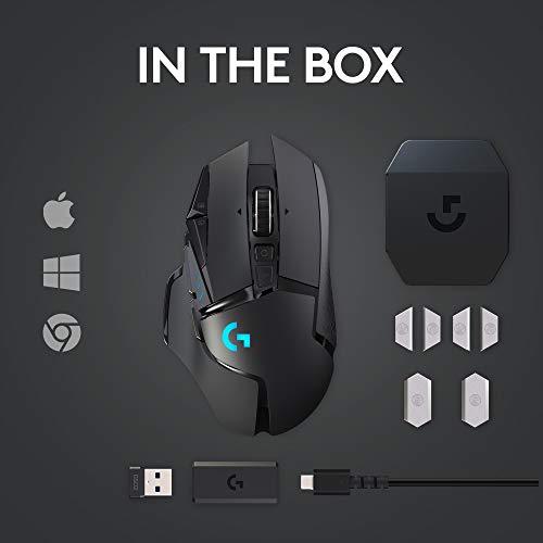 Ratón inalámbrico para juegos Logitech G502 Lightspeed con sensor Hero 25K, compatible con PowerPlay, pesos ajustables y Lightsync RGB - Negro