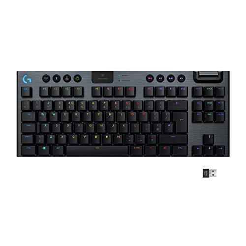 Logitech G915 TKL Tenkeyless Lightspeed Wireless RGB Mechanical Gaming Keyboard, opciones de interruptor de bajo perfil, LIGHTSYNC RGB, soporte inalámbrico avanzado y Bluetooth - Clicky, negro