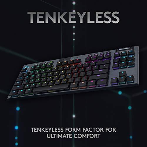 Logitech G915 TKL Tenkeyless Lightspeed Wireless RGB Mechanical Gaming Keyboard, opciones de interruptor de bajo perfil, LIGHTSYNC RGB, soporte inalámbrico avanzado y Bluetooth - Clicky, negro