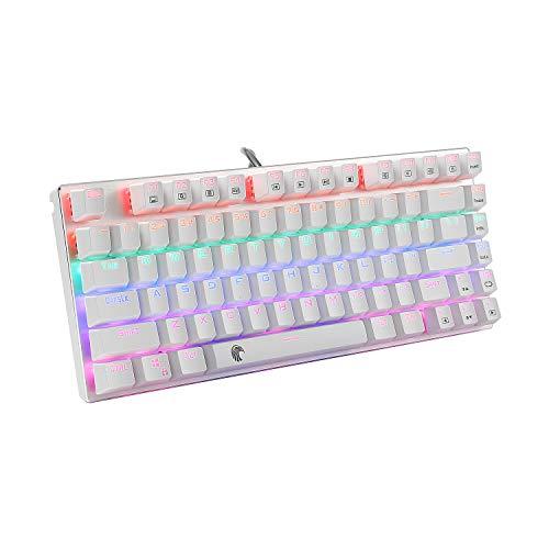 HUO JI 60% Clavier mécanique de jeu, E-Yooso Z-88 avec interrupteurs bleus, rétroéclairage LED arc-en-ciel, compact 81 touches, argent et blanc