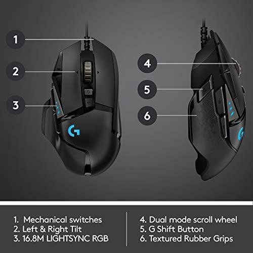 Mouse da gioco cablato ad alte prestazioni Logitech G502 HERO, sensore HERO 25K, 25.600 DPI, RGB, pesi regolabili, 11 pulsanti programmabili, memoria on board, PC / Mac