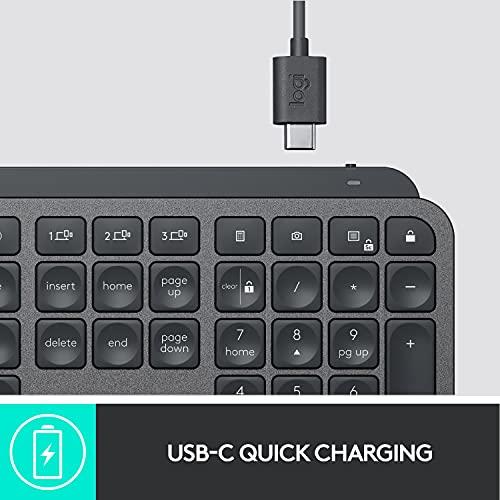 Teclado inalámbrico iluminado Logitech MX Keys Advanced, escritura con respuesta táctil, retroiluminación, Bluetooth, USB-C, Apple macOS, Microsoft Windows, Linux, iOS, Android, construcción metálica - Grafito