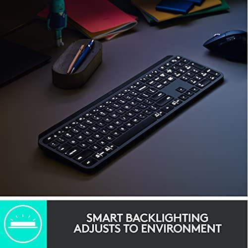 Teclado inalámbrico iluminado Logitech MX Keys Advanced, escritura con respuesta táctil, retroiluminación, Bluetooth, USB-C, Apple macOS, Microsoft Windows, Linux, iOS, Android, construcción metálica - Grafito