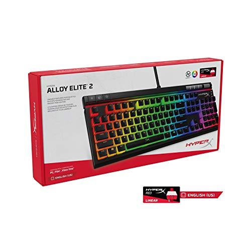 HyperX Alloy Elite 2 - Teclado mecánico para juegos, personalización de luces y macros controlada por software, tapas de teclas de ABS, controles multimedia, retroiluminación LED RGB. Interruptor lineal, rojo HyperX (renovado)