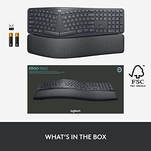 Logitech ERGO K860 Wireless Ergonomic Keyboard - Clavier divisé, repose-poignets, frappe naturelle, tissu résistant aux taches, connectivité Bluetooth et USB, compatible avec Windows/Mac