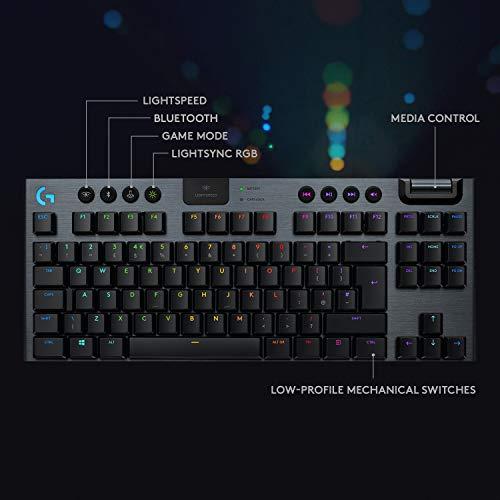 Logitech G915 TKL Tenkeyless Lightspeed Wireless RGB Mechanical Gaming Keyboard, opciones de interruptor de bajo perfil, LIGHTSYNC RGB, soporte inalámbrico avanzado y Bluetooth - Clicky, negro