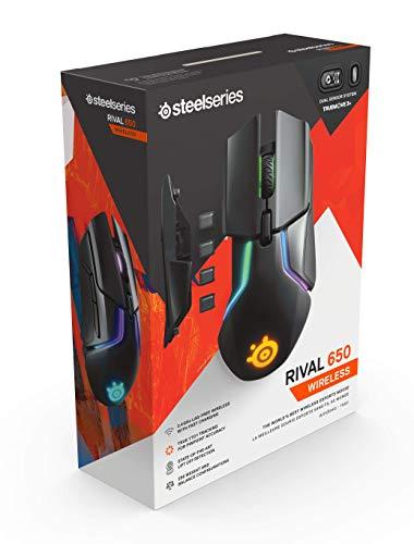 Mouse da gioco wireless SteelSeries Rival 650 Quantum - Batteria a ricarica rapida - Doppio sensore ottico Truemove3+ da 12.000 Cpi - Distanza di sollevamento ridotta a 0,5 - 256 configurazioni di peso - Illuminazione RGB a 8 zone